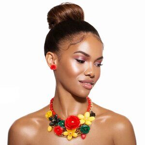 Red, Green, and Yellow Chunky Rose Necklace Set